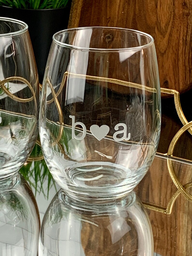 Personalized Stemless Wine Glasses With Initials Heart Etsy