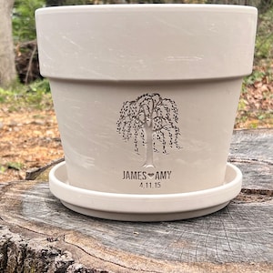 9th Anniversary Willow Tree Personalized Planter Gift  | Custom Carved Flower Pot for Couple | White Granite Marble Color Clay or Terracotta