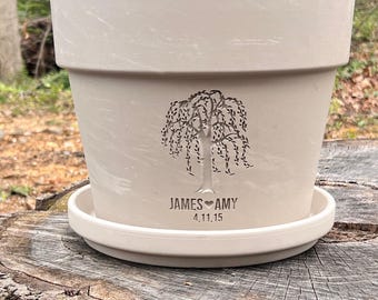 9th Anniversary Willow Tree Personalized Planter Gift  | Custom Carved Flower Pot for Couple | White Granite Marble Color Clay or Terracotta
