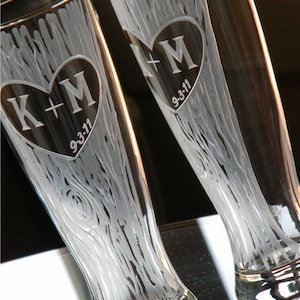Anniversary Pilsner Glasses Personalized with Carved Tree, Heart, Initials and Date Set of 2 image 1