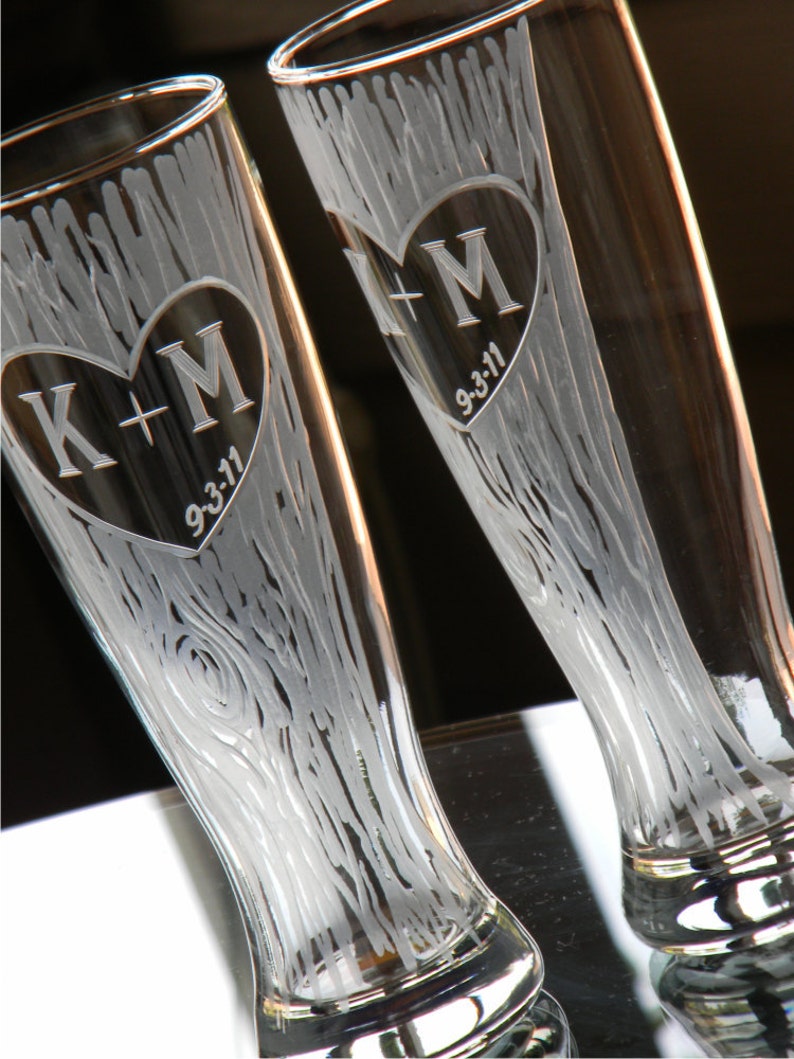Anniversary Pilsner Glasses Personalized with Carved Tree, Heart, Initials and Date Set of 2 image 1