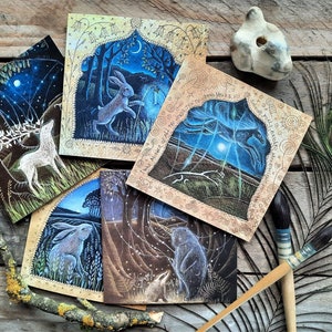 Moon and Stars Greetings Card Pack of 5 Cards by Hannah Willow, including Hares, Bear, Stag and Horse
