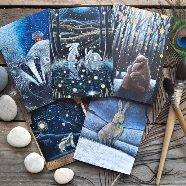 The Messages of Yule Greetings Card Pack of 5 by Hannah Willow, including Hares, Badger and Bear