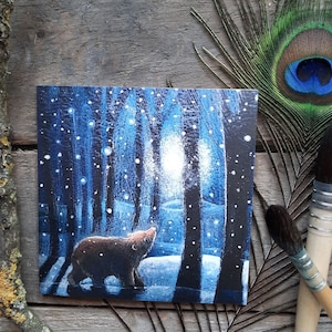 Going Home for the Winter Greetings Card by Hannah Willow Bear walking through the Woods in the Snow