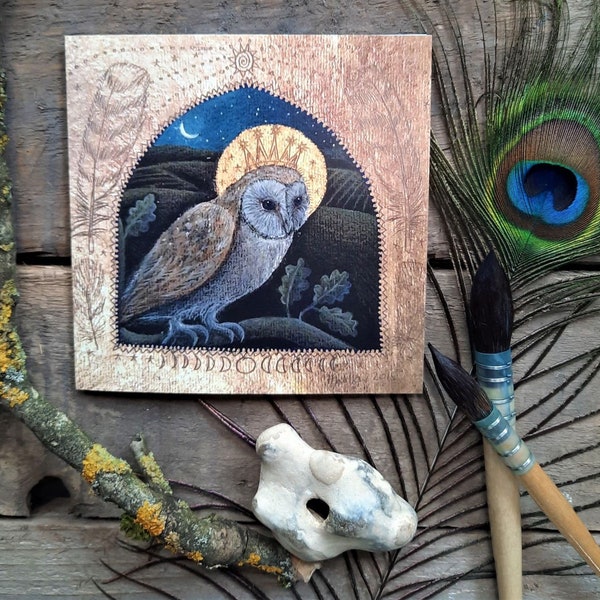 The Owl King Greetings Card by Hannah Willow. Featuring an Owl Looking Out From a Golden Glade.