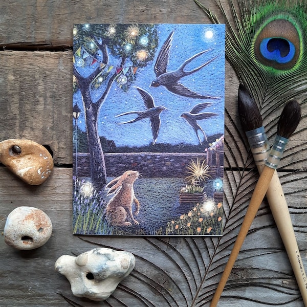 The Summer Garden Greetings Card by Hannah Willow A Hare gazing up at Swallows