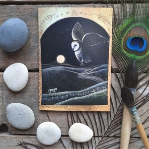 Homeward bound under the Lantern Moon Greetings Card by Hannah Willow an Owl gliding through the Sky