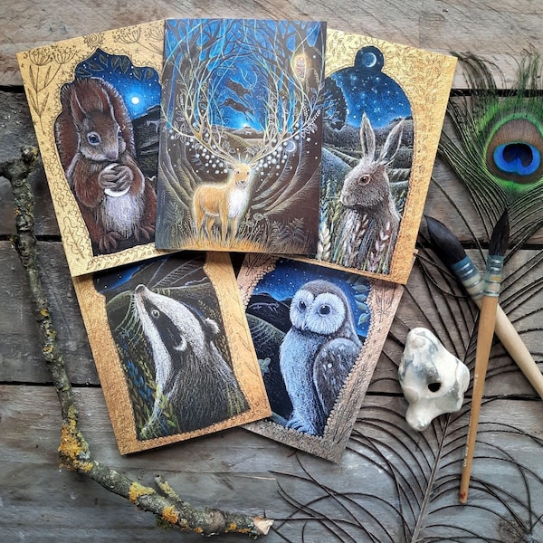 Silver Stag card pack pack of 5 cards by Hannah Willow, including Squirrel, Badger, Owl, Hare and Stag.