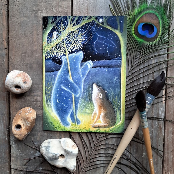 The Star Bear Greetings Card by Hannah Willow. Featuring a bear, wolf and Owl under a night sky with Ursa Major