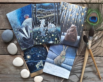 The Messages of Yule Greetings Card Pack of 5 by Hannah Willow, including Hares, Badger and Bear