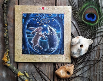 The Secret in Valentines Wood Greetings Card by Hannah Willow Hare and Badger dancing in the Woods