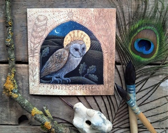 The Owl King Greetings Card by Hannah Willow. Featuring an Owl Looking Out From a Golden Glade.