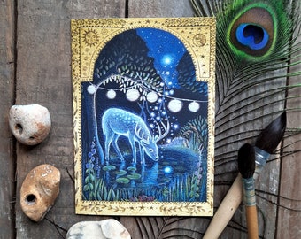 Midsummer Eve at the End of the Garden Greetings Card by Hannah Willow A Deer in a Garden