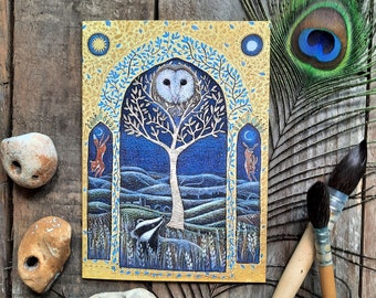 Songs from the Land Greetings Card by Hannah Willow Owl, Fox, Hare and Badger listening to the Song from the Land