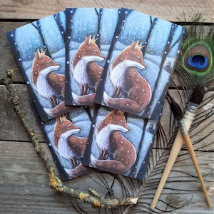 Lot de 5 cartes de vœux Reynard par Hannah Willow, représentant un renard couronné dans une scène de forêt