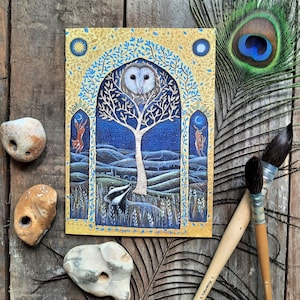Songs from the Land-wenskaart door Hannah Willow Owl, Fox, Hare en Badger, luisterend naar het Song from the Land
