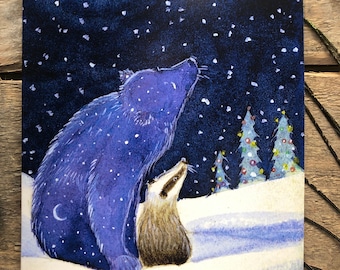 Carte de Noël ours et blaireau : voeux de Noël Hannah Willow