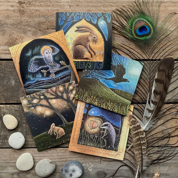 The Magic upon the Earth Greeting Card Pack of 5 cards by Hannah Willow featuring Hares, Owl, Crow and Badger