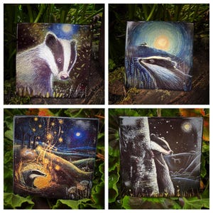 May include: Four square art pieces featuring badger illustrations. Each piece showcases a different night scene with a badger, rendered in a detailed, colorful style. The artworks are set against a backdrop of foliage.