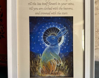 Clothed with the Heavens framed Giclee print with the words of Thomas Traherne. Print of Hare