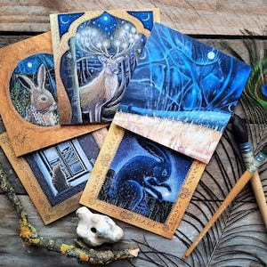 Lot de 5 cartes de vœux La lumière de la forêt par Hannah Willow, représentant un cheval, un chat, des lièvres et un cerf