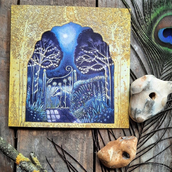 Midsummer Garden greetings card by Hannah Willow, beautiful Garden with Badger at the Garden Gate while Owl looks on