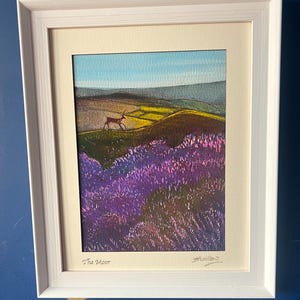 The Moor Signed and framed giclee print. Print of Deer in a heather landscape