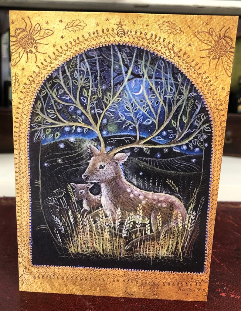 Deer The Beautiful Moon Card Pack of 5 Greetings Cards by Hannah Willow featuring Owls Hares Badger and fox