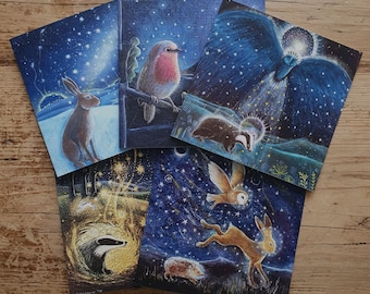 Yule Songs Greetings Card Pack 5 Karten von Hannah Willow, einschließlich Dachse, Eulen, Hasen, Igel und Rotkehlchen zu Weihnachten