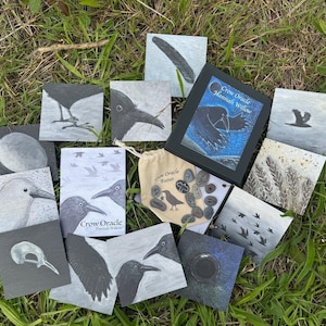 Może przedstawiać: Zestaw kart do wróżenia z motywem kruka, w tym pudełko z napisem "Crow Oracle Hannah Willow". Zestaw zawiera ilustrowane karty w czerni i bieli, woreczek i kolekcję kamieni runicznych.