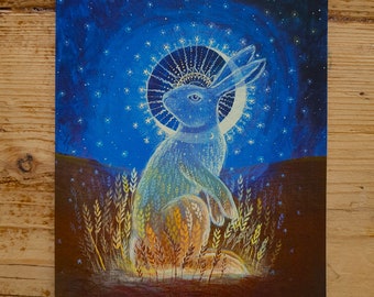 Clothed with the Heavens Greetings Card by Hannah Willow, Hare card with halo