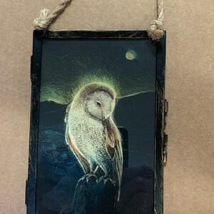 May include: A framed illustration of a white owl with a yellow glow around it, perched on a branch against a dark blue background with a small moon in the top right corner. The frame is black with a distressed finish and has a twine hanger.