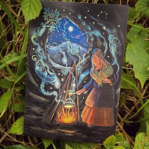 Kartka z pozdrowieniami „Stara kobieta ze snów” autorstwa Hannah Willow. Halloween, kartka Samhain