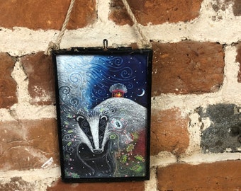 Print of 'Yule Badger' by Hannah Willow in a metal hanging frame, Christmas gift, christmas print.