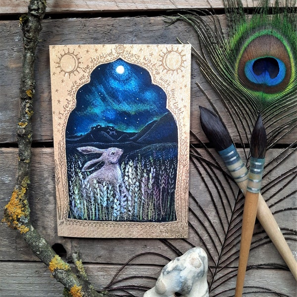 Northern Lights Greetings Card by Hannah Willow Hare in a Cornfield