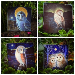 May include: Four square art pieces featuring owl illustrations. Each piece showcases a different owl design, set against backgrounds of night skies, moons, and starry elements. The owls are depicted in various colors, including blue, white, and brown.