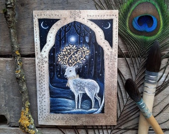 Midwinter Greetings Card by Hannah Willow. Featuring a Stag With Golden Antlers in a Winter Woodland.