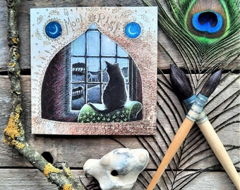 Moon Rise Greetings Card by Hannah Willow. Featuring a Cat Watching the Night-time World Outside His Window.