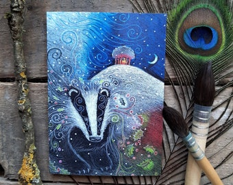 May include: A whimsical illustration of a badger standing in a snowy forest with a small house on a hill in the background. The illustration is done in a blue, white, and red color palette with intricate details.
