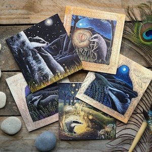 Lot de 5 cartes de vœux The Badger's Dream par Hannah Willow, représentant des blaireaux dans la campagne anglaise