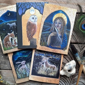 Lot de 5 cartes A6 La belle lune par Hannah Willow représentant des hiboux, des lièvres, des cerfs, des blaireaux et des renards