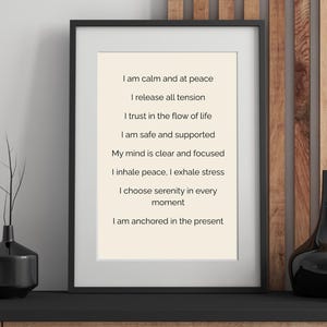 Arte mural imprimible con afirmaciones calmantes - Descarga digital de mindfulness - Póster de serenidad - Descarga instantánea