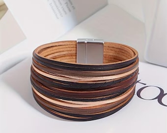 Boho Flerskikts Läderarmband – Magnetiskt Spänne Manschett