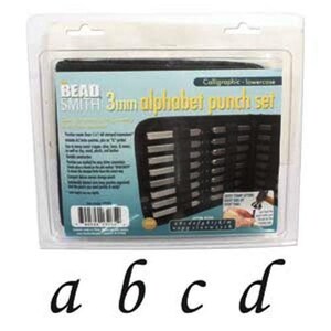 May include: A black and silver 3mm alphabet punch set in a clear plastic case. The case has a white label with the text "Bead Smith 3mm alphabet punch set" and "Calligraphic - lowercase". The set includes 26 lowercase letters.