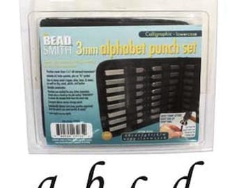 Beadsmith 3mm CALLIGRAPHIC Lowercase Alphabet Punch Set with Case
