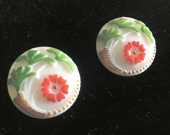 TWO (2) Vintage Repro Czech Glass FLOWER BUTTONS - 1-1/8" - Hand-Painted