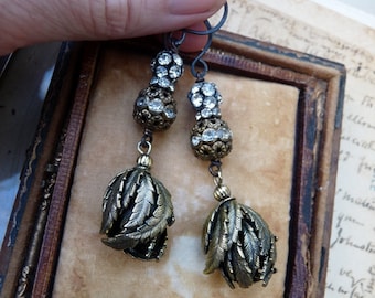 Vintage Assemblage Rhinestone Earrings, Sculptural Earrings, Seed Pods, by RusticGypsyCreations