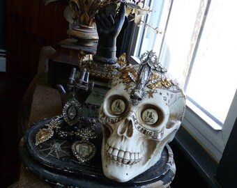 Skull Sculpture, Anima Mundi, Victorian Embellished Resin Skull, Talisman for the Alchemist, by RusticGypsyCreations