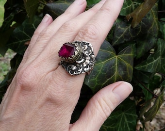 Antique Faceted Red Glass Floral Ring, Talisman Statement Ring, by RusticGypsyCreations