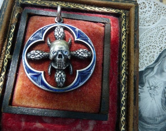 SALE:  Rare Vintage Memento Mori Skull Crescent Snake Pendant, A Talisman for the Alchemist and Lunar Mysteries, offered by Rustic Gypsy